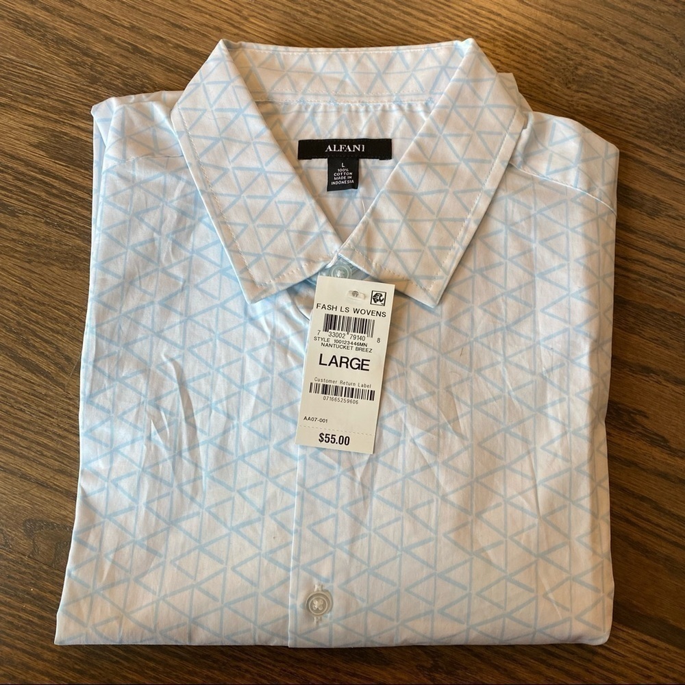 New Alfani long sleeve button up geometric turquoise pattern shirt size Large